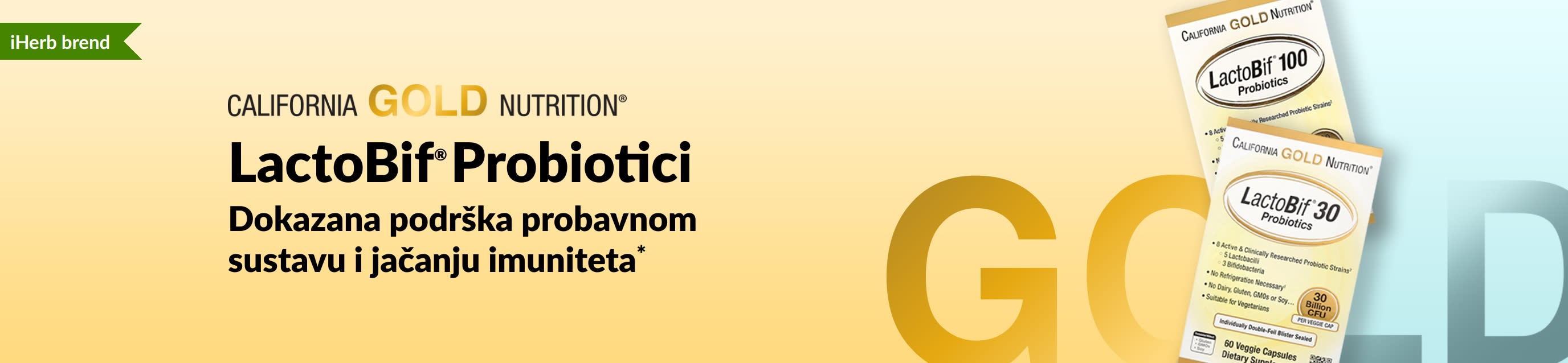 California Gold Nutrition LactoBif® Probiotici, dodatak prehrani koji dokazano pruža podršku probavnom sustavu i jačanju imuniteta*, ekskluzivno dostupan na iHerbu.