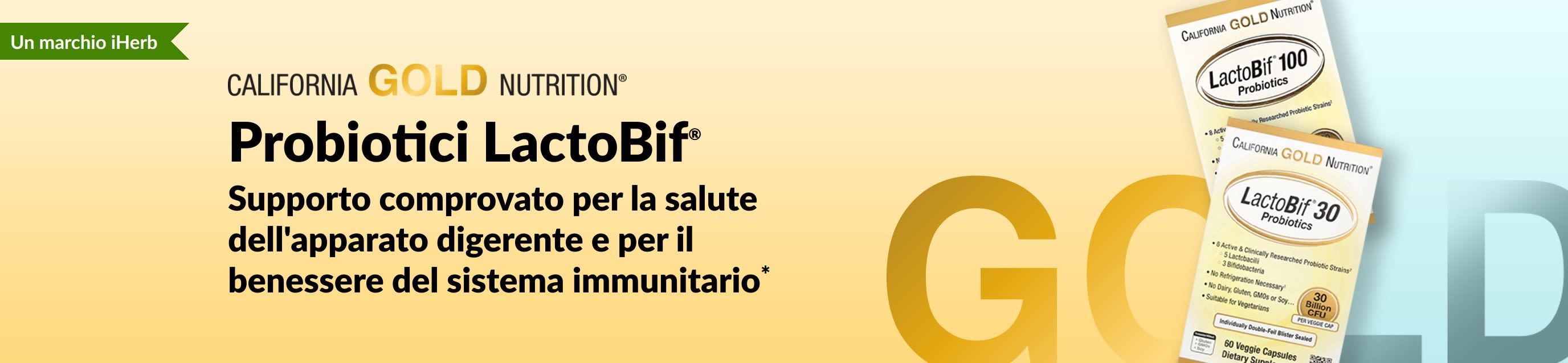 Probiotici LactoBif® di California Gold Nutrition, un integratore che offre un supporto provato per la salute dell'apparato digerente e il benessere immunitario*, disponibile in esclusiva su iHerb.