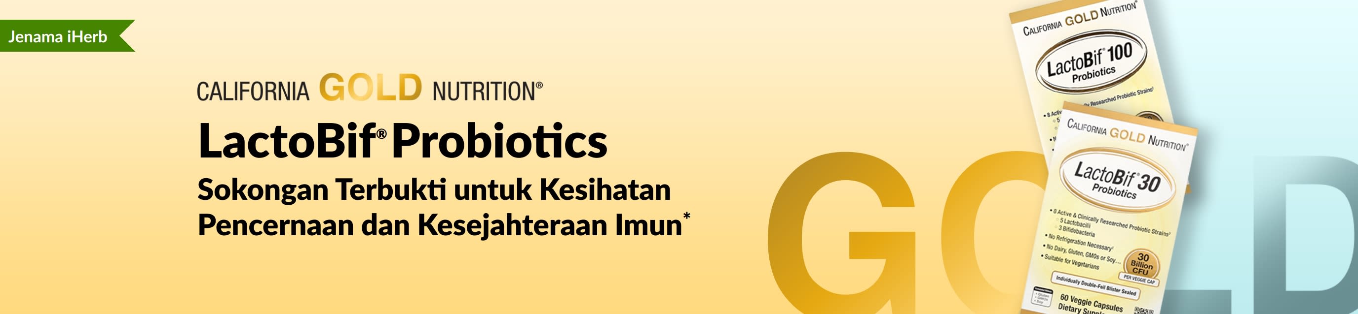 Tawaran suplemen California Gold Nutrition LactoBif® Probiotics, sokongan terbukti untuk kesihatan penghadaman dan kesejahteraan imun*, eksklusif hanya di iHerb.