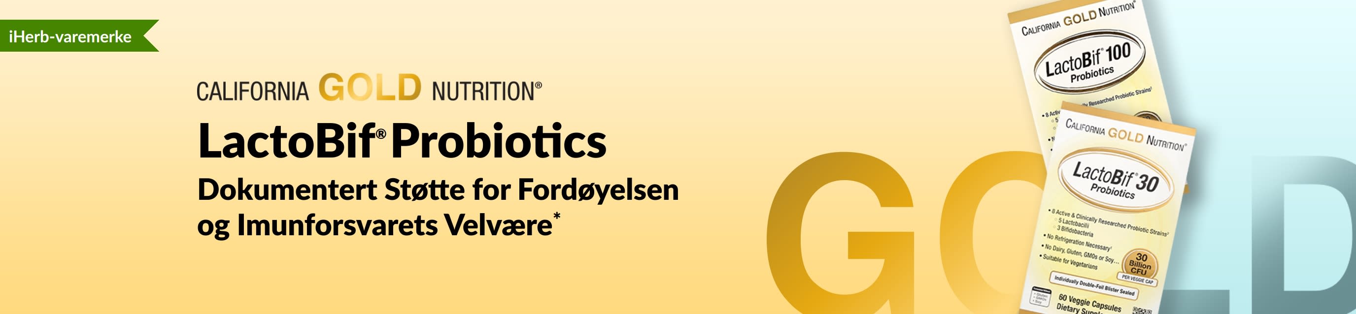 California Gold Nutrition LactoBif® Probiotics er et kosttilskudd som gir dokumentert støtte til fordøyelsen og immunforsvaret – eksklusivt tilgjengelig hos iHerb.
