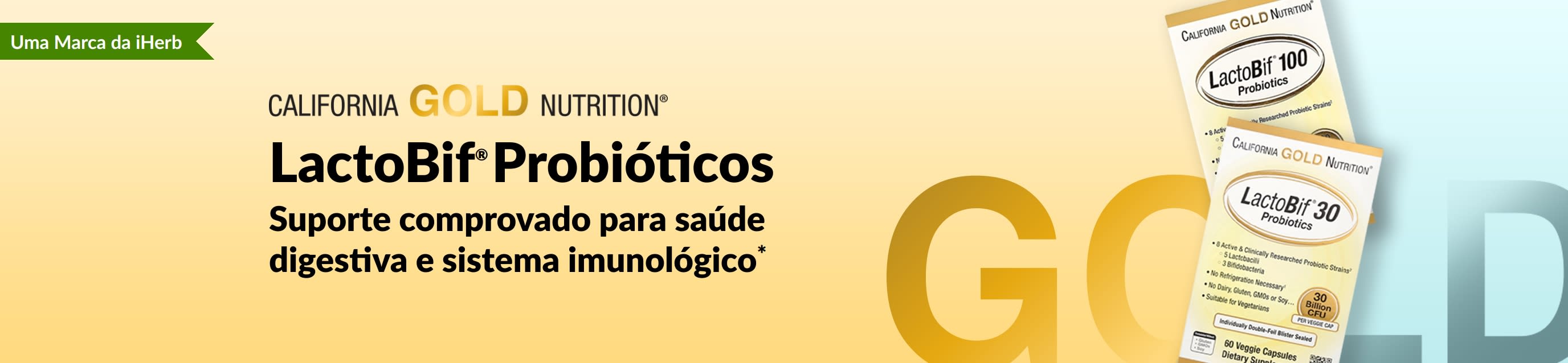Suplemento probiótico California Gold Nutrition LactoBif®, com suporte comprovado para saúde digestiva e bem-estar do sistema imunológico*, disponível exclusivamente na iHerb.