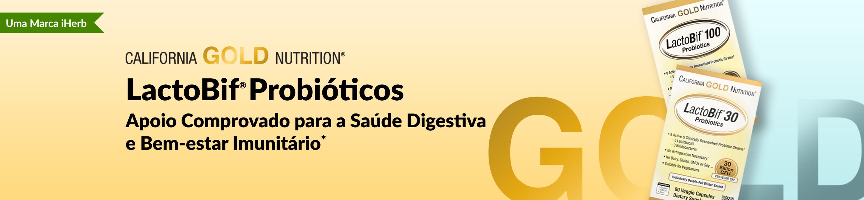 Suplementos probióticos da California Gold Nutrition LactoBif® que comprovam apoio para a saúde digestiva e o bem-estar imunitário*, exclusivo da iHerb.