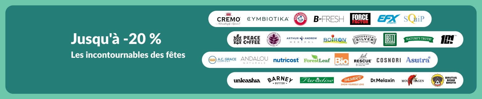 Bannière iHerb offrant jusqu'à 20 % de réduction sur les meilleures marques saisonnières.
