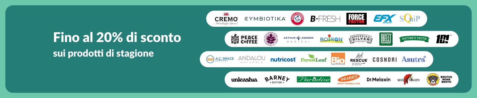 Banner iHerb che offre fino al 20% di sconto sui migliori marchi stagionali.