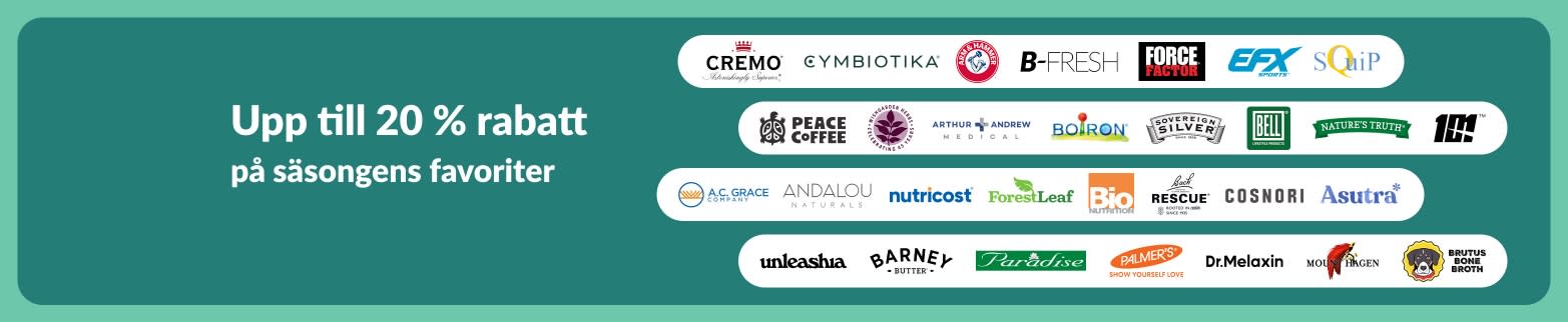 iHerb-banner som erbjuder upp till 20 % rabatt på säsongens märken.