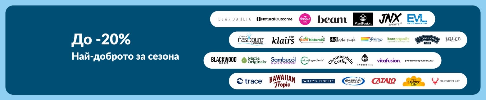 Банер на iHerb, предлагащ до 20% отстъпка за топ брандовете на сезона.