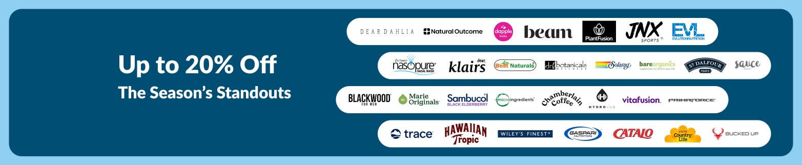 iHerb banner offering up to 20% off top seasonal brands.