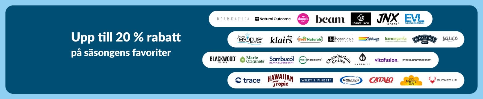 iHerb-banner som erbjuder upp till 20 % rabatt på säsongens märken.