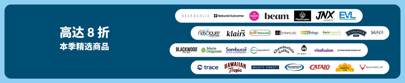 iHerb 宣传横幅：提供热门季节性品牌，优惠高达 8 折