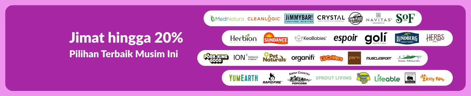 Sepanduk iHerb menawarkan penjimatan hingga 20% untuk jenama terbaik musim ini.