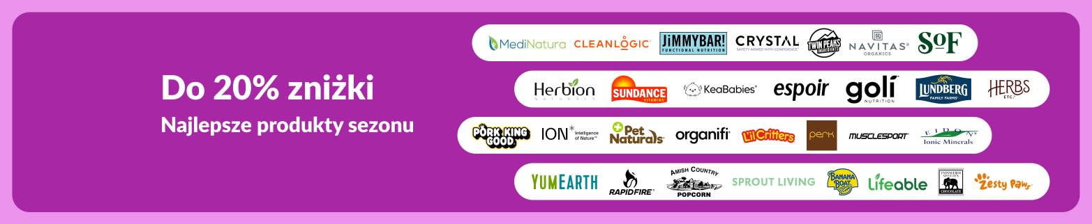 Baner iHerb oferujący do 20% zniżki na najlepsze marki sezonowe.