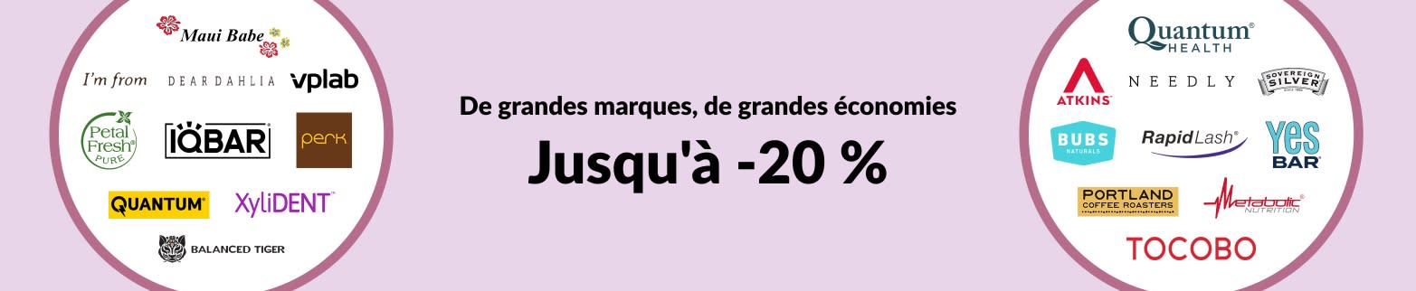 Jusqu'à 20 % de réduction sur les grandes marques chez iHerb : Quantum, Atkins, Dear Dahlia, IQBAR, Petal Fresh, Tocobo et plus encore.