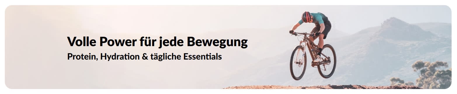 Ein iHerb-Banner, das für einen aktiven Lebensstil wirbt, mit Schwerpunkt auf Eiweiß, Flüssigkeitszufuhr und Produkte für jeden Tag.