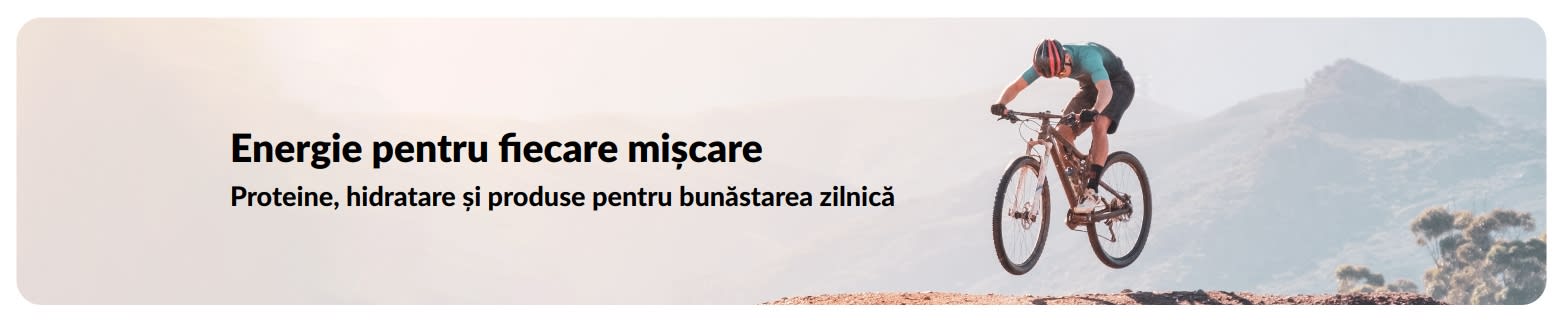 Banner iHerb cu un stil de viață activ, punând accent pe proteine, hidratare și produse pentru bunăstarea zilnică.