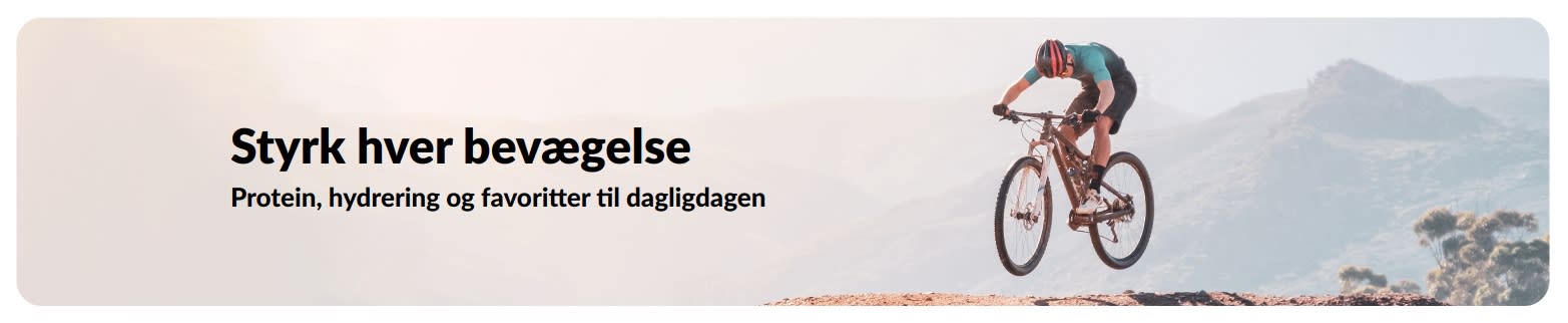 iHerb-banner, der promoverer en aktiv livsstil med fokus på protein, hydrering og favoritter til dagligdagen.