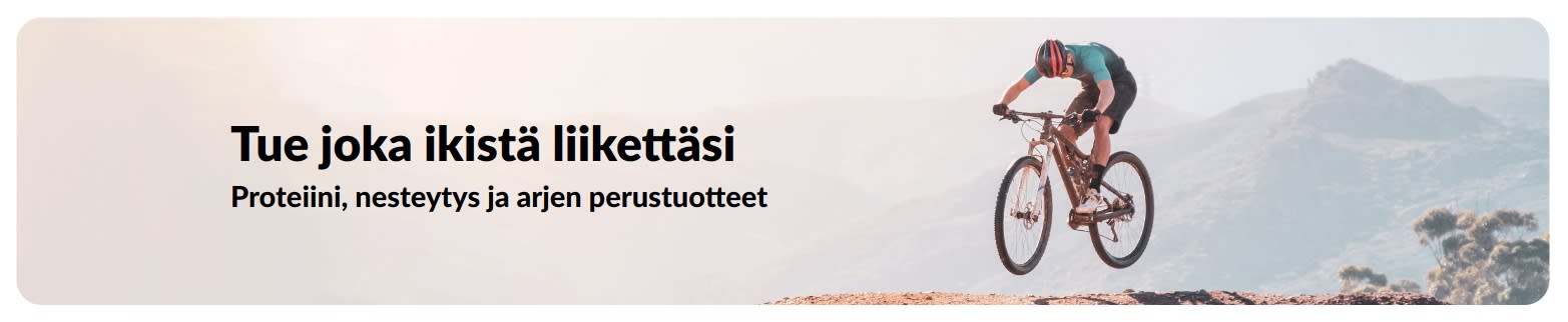 iHerbin banneri, joka mainostaa aktiivista arkea, korostaen proteiinia, nesteytystä ja arjen perustuotteita.