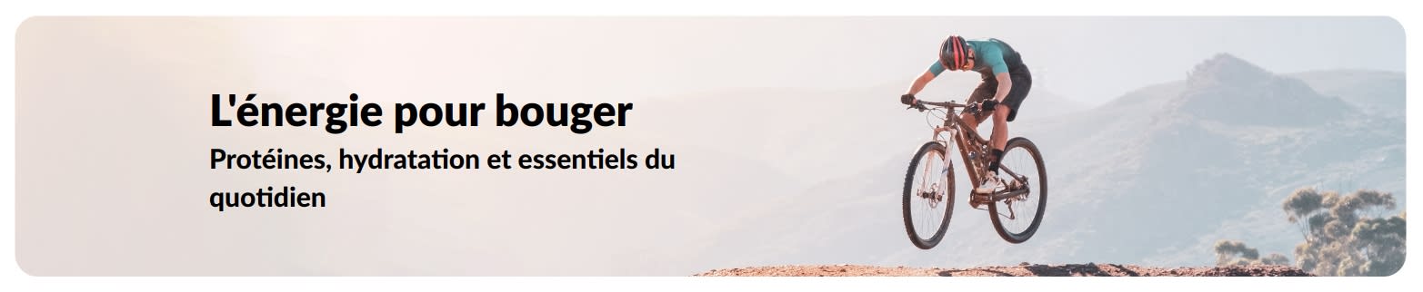 Bannière iHerb mettant en avant un mode de vie actif, axée sur les protéines, l'hydratation et les essentiels du quotidien.
