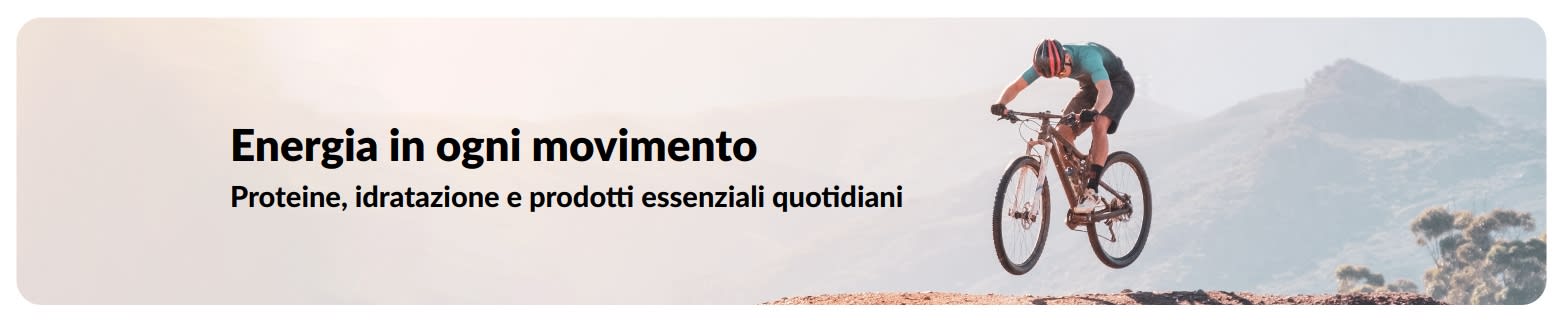 Banner di iHerb che promuove uno stile di vita attivo, con focus su proteine, idratazione e prodotti essenziali quotidiani.
