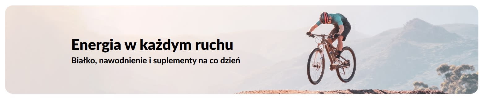 Baner iHerb promujący aktywny tryb życia, skupiający się na białku, nawodnieniu i codziennych suplementach bazowych.