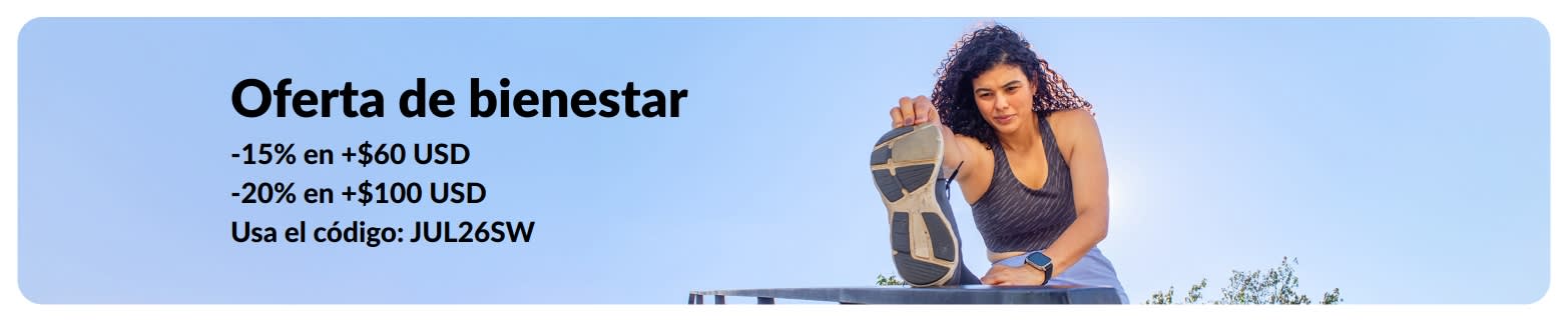 Banner de iHerb con la oferta -15% en +$60 USD, -20% en +$100 USD en esenciales de bienestar.