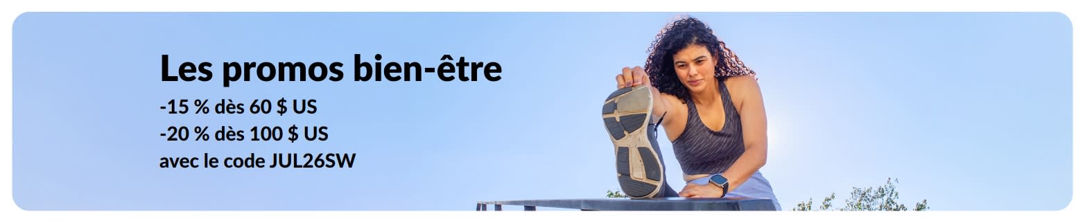 Bannière promotionnelle iHerb offrant -15 % dès 60 $ US d'achat et -20 % dès 100 $ US d'achat sur les essentiels bien-être.