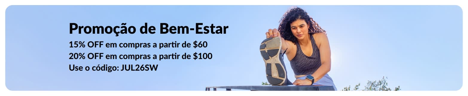 Banner promocional da iHerb que oferece 15% OFF em compras a partir de $60 e 20% OFF em compras a partir de $100 em produtos essenciais de bem-estar.
