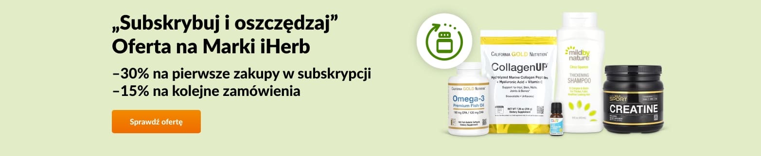 30% zniżki na pierwsze zamówienie subskrypcyjne Marek iHerb.15% zniżki na każde kolejne zamówienie.