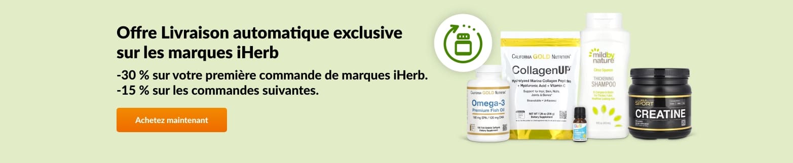 -30 % de réduction sur votre première commande de marques iHerb en livraison automatique. -15 % sur les commandes suivantes.