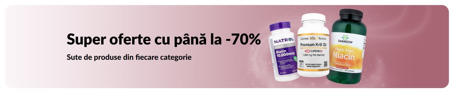 Banner cu super oferte cu până la 70% reducere.