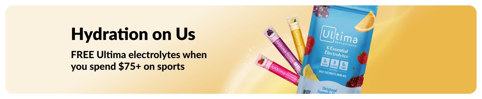 Banner promoting free Ultima electrolytes when you spend $75+ on sports