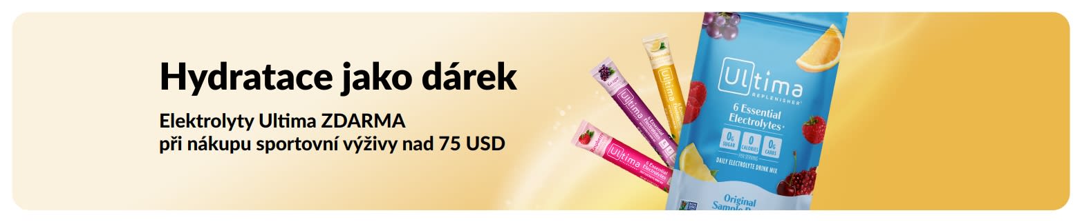Banner propagující elektrolyty Ultima jako dárek při nákupu sportovní výživy za 75 USD a více