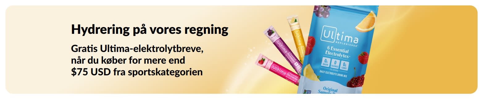 Banner der promoverer gratis Ultima-elektrolytbreve, når du køber for mere end $75 USD fra sportskategorien