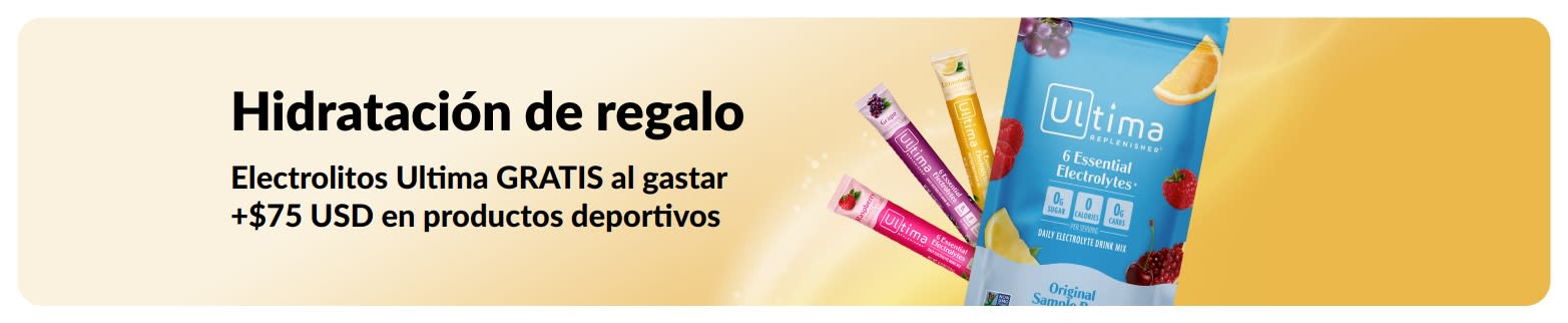 Banner que promociona electrolitos Ultima gratis al gastar más de $75 USD en productos deportivos