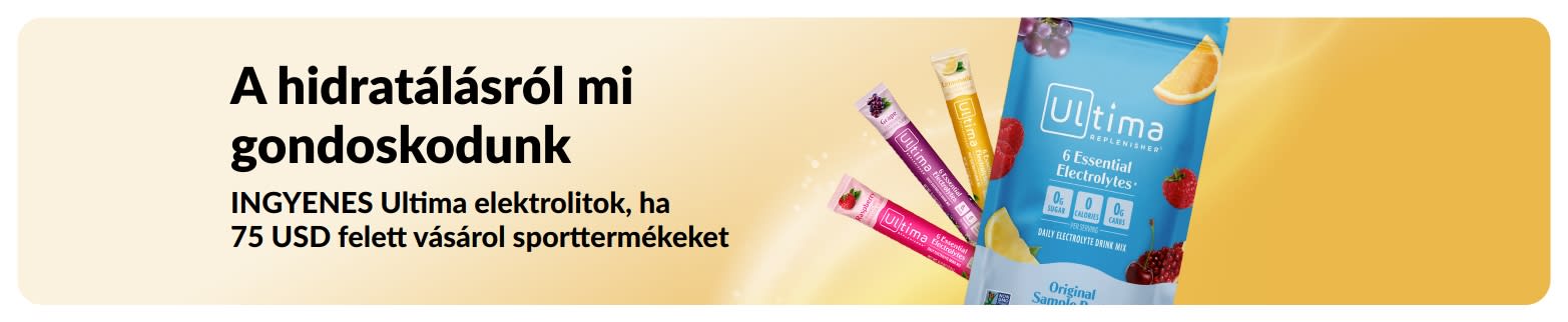 Banner, amely ingyenes Ultima elektrolitokat hirdet legalább 75 USD értékű sporttermék-vásárlás esetén.