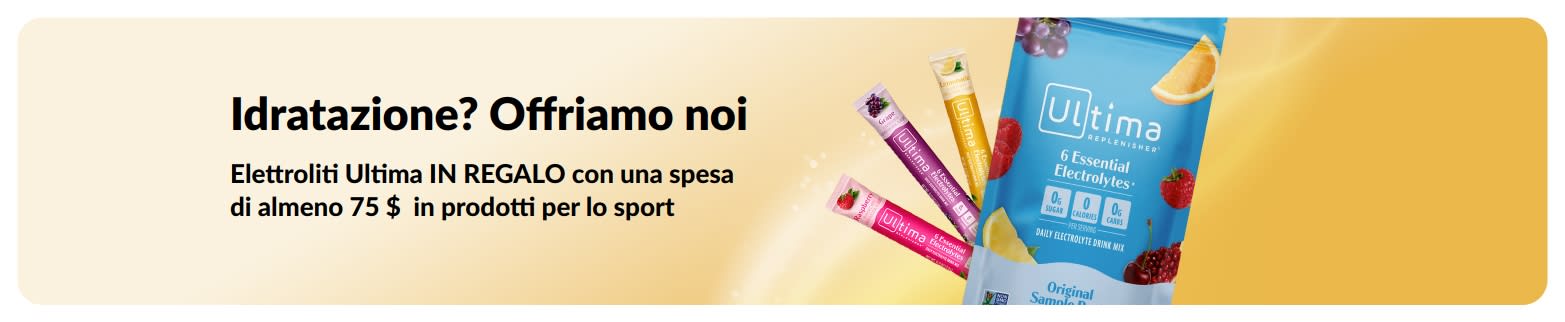 Banner che promuove elettroliti ultima in omaggio a fronte di una spesa minima di 75 $ in prodotti per lo sport
