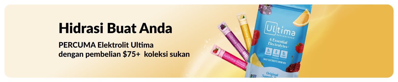 Sepanduk mempromosikan elektrolit Ultima percuma apabila anda berbelanja $75+ koleksi sukan