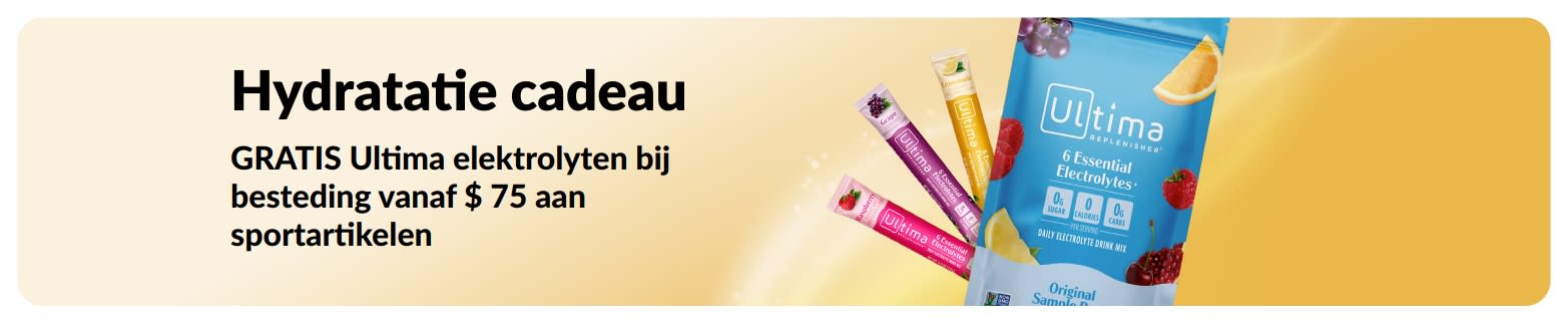 Banner met de promotie van gratis Ultima elektrolyten bij een besteding vanaf $75 aan sportartikelen.