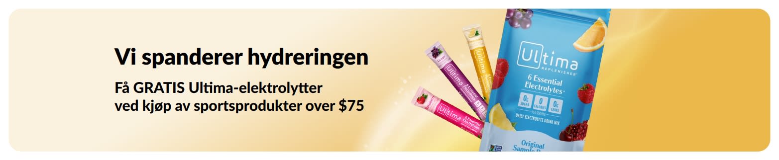 Banner som promoterer gratis Ultima-elektrolytter når du handler sportsprodukter for over $75