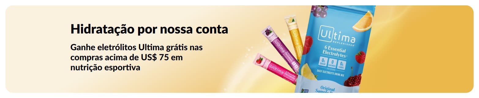 Banner promovendo eletrólitos Ultima grátis nas compras acima de US$ 75 em nutrição esportiva