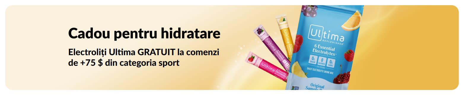 Banner cu electroliți Ultima cadou la comenzi de peste 75 $ din categoria sport.