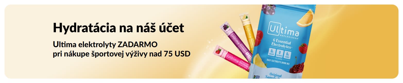 Baner propagujúci Ultima elektrolyty zadarmo pri nákupe športovej výživy nad 75 USD