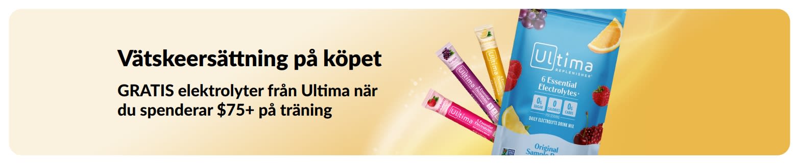 Banner som marknadsför gratis Ultima-elektrolyter när du spenderar över $75 på träning
