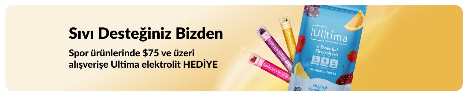Spor ürünlerinde 75 $ ve üzeri alışverişlerde ücretsiz Ultima elektrolit ürünlerini tanıtan banner.