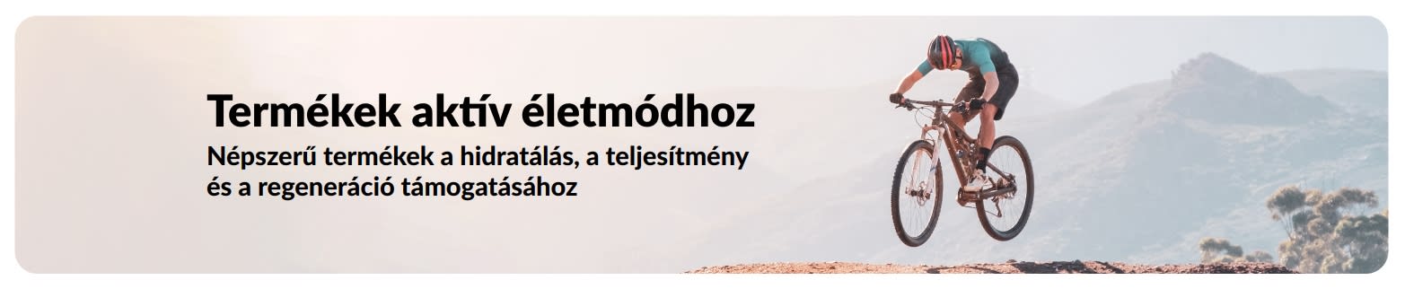 iHerb banner, amely az aktív életmódot népszerűsíti, a hidratálást, a teljesítményt és a regenerációt támogató népszerű termékekre összpontosítva.