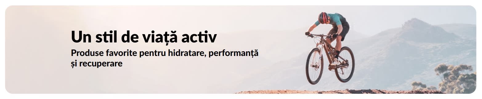 Banner iHerb cu un stil de viață activ, cu accent pe produse favorite pentru hidratare, performanță și recuperare.