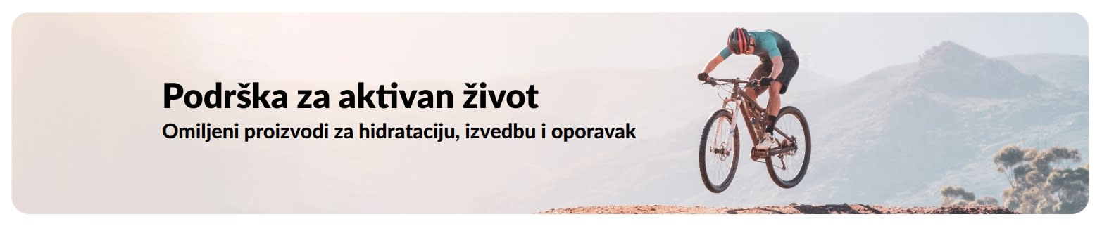 iHerb reklamni natpis koji promovira aktivan način života s fokusom na hidrataciju, izvedbu i omiljene proizvode za oporavak