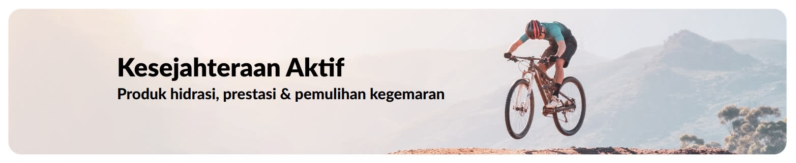 Sepanduk iHerb mempromosikan gaya hidup aktif dengan fokus kepada produk hidrasi, prestasi & pemulihan
