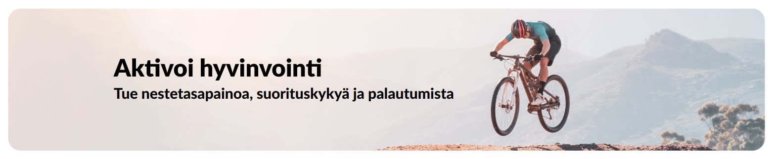 iHerbin banneri, joka mainostaa aktiivista elämäntapaa, keskittyen nesteytykseen, suorituskykyyn ja palautumiseen