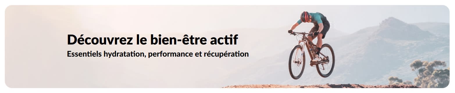 Bannière iHerb sur un mode de vie actif, avec une sélection de produits pour l'hydratation, la performance et la récupération