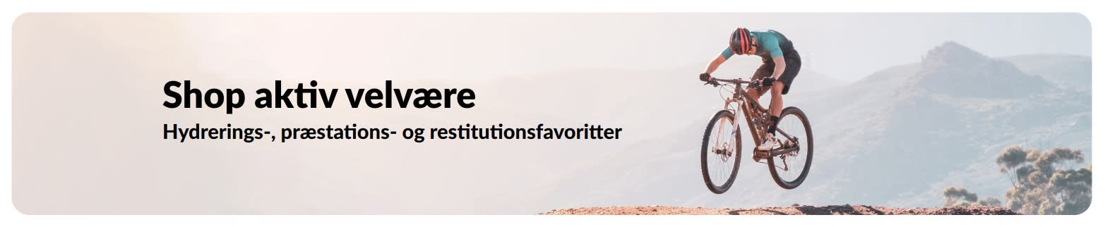 iHerb-banner, der promoverer en aktiv livsstil med fokus på favoritter inden for hydrering, præstation og restitution